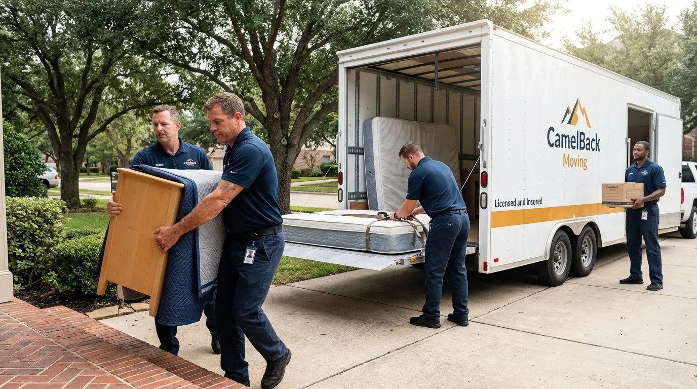 Crew loading residential truck for cross-state move from Marshall, IL