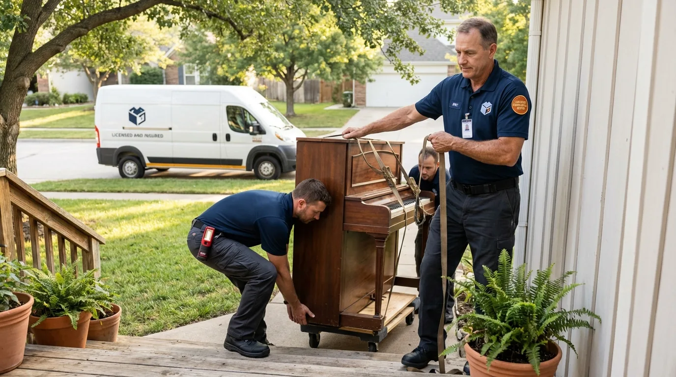 Licensed piano movers securing grand piano in Marshall, IL
