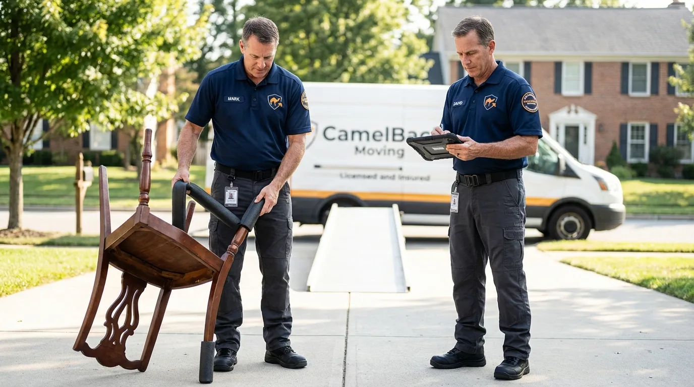 Movers inspecting furniture for damage prevention before loading in Marshall, IL