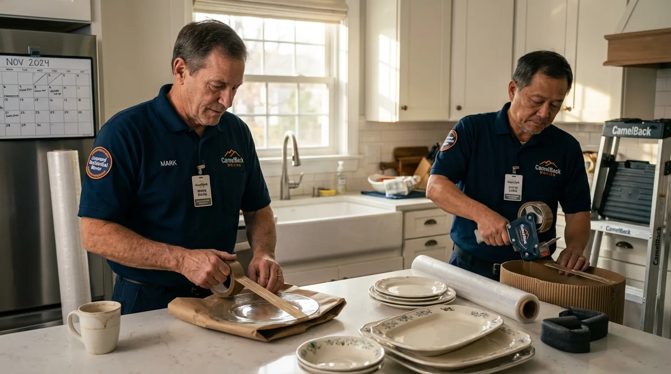 Professional crew packing kitchen dishware in Marshall, IL